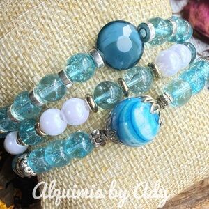 Blue quartz and White Beaded Bracelet set